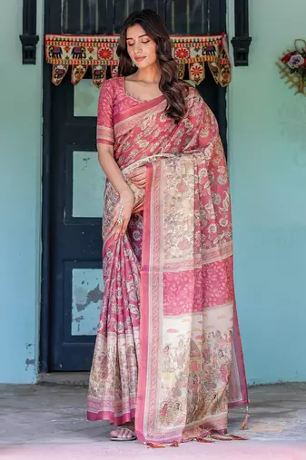 Printed floral handloom cotton saree with stylish tassel finish     ready to wear