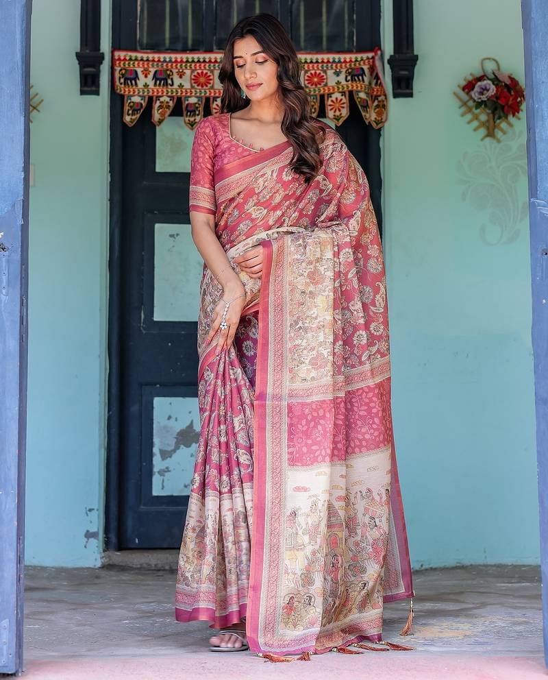 Printed floral handloom cotton saree with stylish tassel finish     ready to wear