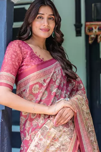 Printed floral handloom cotton saree with stylish tassel finish     ready to wear