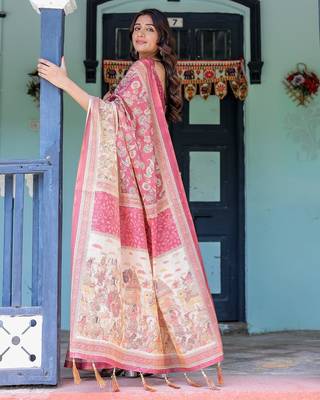 Printed floral handloom cotton saree with stylish tassel finish     ready to wear 3
