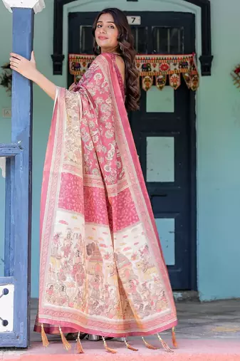 Printed floral handloom cotton saree with stylish tassel finish     ready to wear