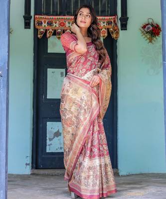 Printed floral handloom cotton saree with stylish tassel finish     ready to wear 4