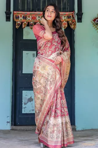 Printed floral handloom cotton saree with stylish tassel finish     ready to wear