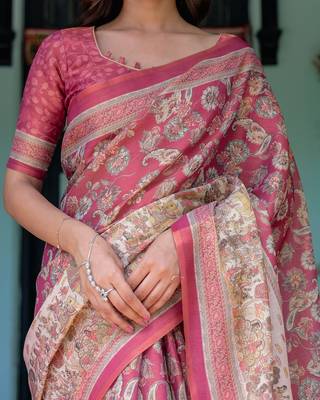 Printed floral handloom cotton saree with stylish tassel finish     ready to wear 5