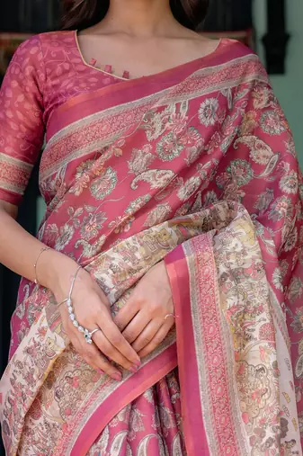 Printed floral handloom cotton saree with stylish tassel finish     ready to wear