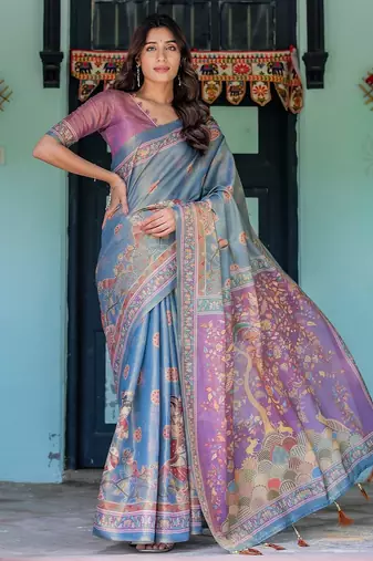 Graceful handloom cotton saree with artistic floral print & tassels