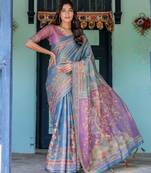 Graceful handloom cotton saree with artistic floral print & tassels