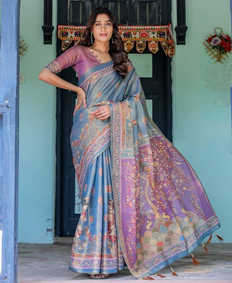 Graceful handloom cotton saree with artistic floral print & tassels