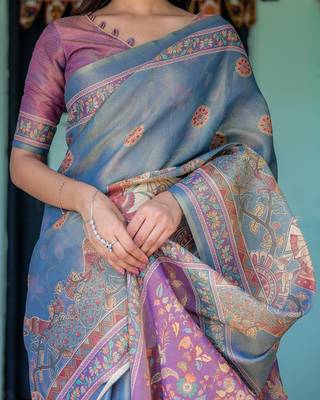 Graceful handloom cotton saree with artistic floral print & tassels 2