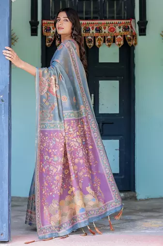 Graceful handloom cotton saree with artistic floral print & tassels