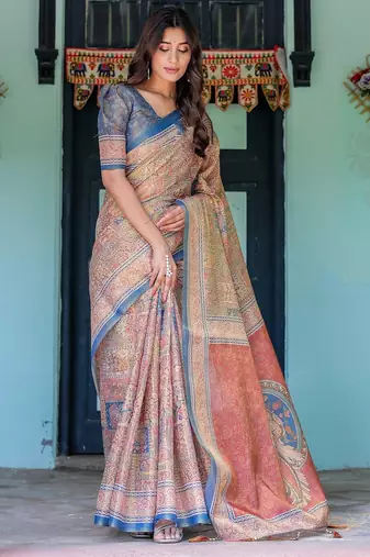 Designer floral print handloom cotton saree with tassel pallu & blouse