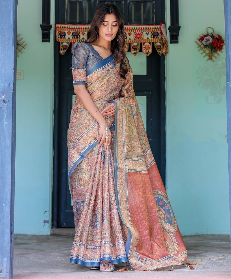 Designer floral print handloom cotton saree with tassel pallu & blouse
