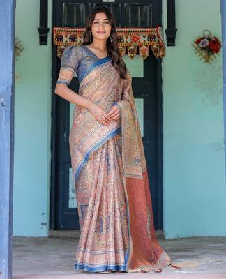 Designer floral print handloom cotton saree with tassel pallu & blouse 2