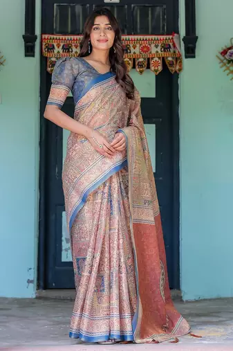 Designer floral print handloom cotton saree with tassel pallu & blouse