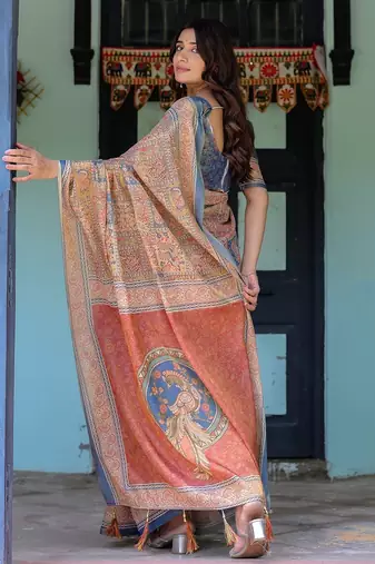 Designer floral print handloom cotton saree with tassel pallu & blouse