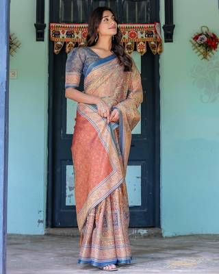 Designer floral print handloom cotton saree with tassel pallu & blouse 4