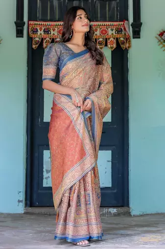 Designer floral print handloom cotton saree with tassel pallu & blouse