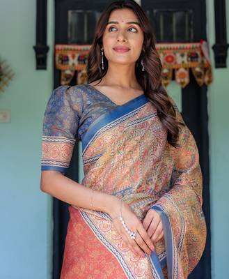 Designer floral print handloom cotton saree with tassel pallu & blouse 5
