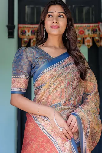 Designer floral print handloom cotton saree with tassel pallu & blouse