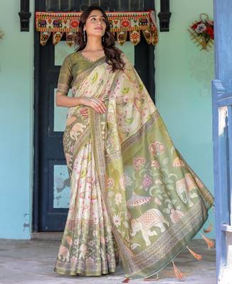 Cotton handloom saree with digital floral print and tassels     festive wear 1