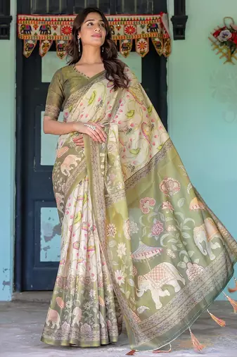 Cotton handloom saree with digital floral print and tassels     festive wear