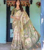 Cotton handloom saree with digital floral print and tassels     festive wear