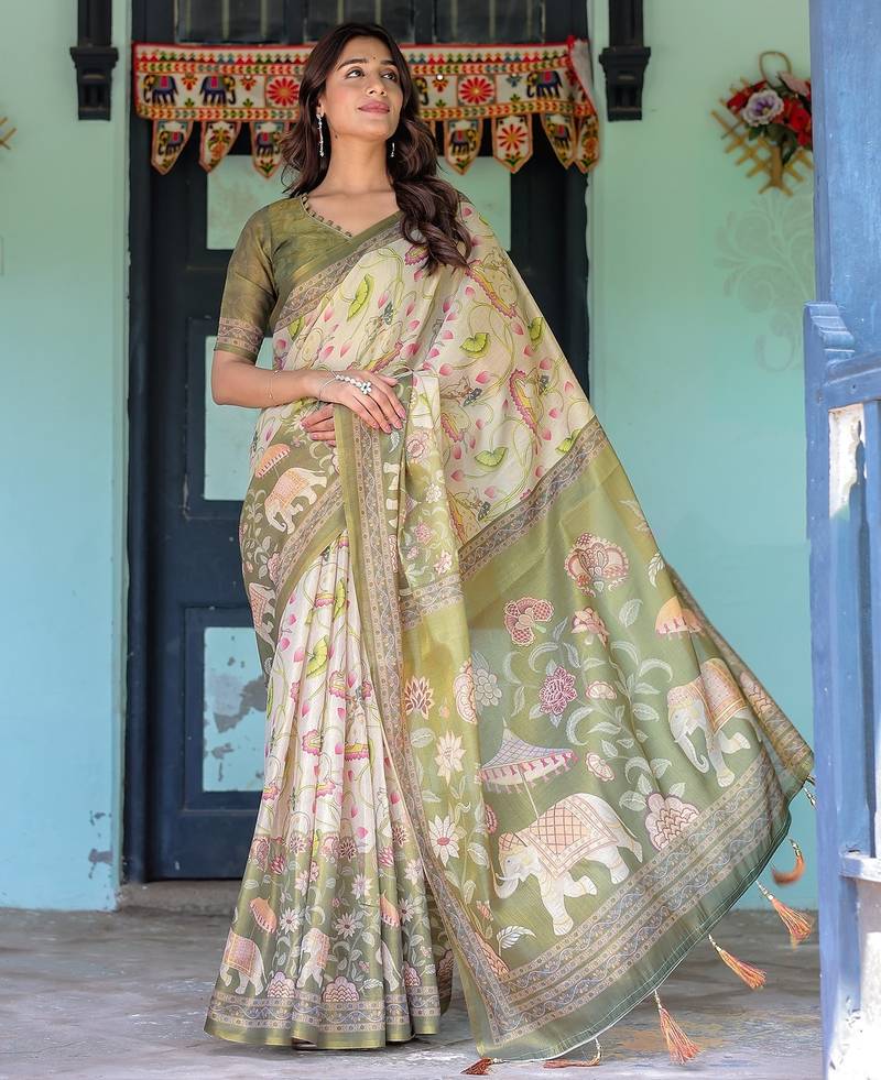 Cotton handloom saree with digital floral print and tassels     festive wear