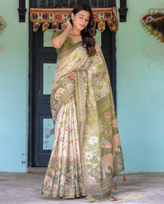 Cotton handloom saree with digital floral print and tassels     festive wear 2