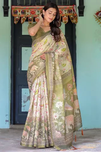 Cotton handloom saree with digital floral print and tassels     festive wear