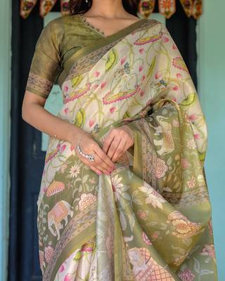 Cotton handloom saree with digital floral print and tassels     festive wear 4