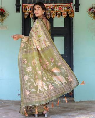 Cotton handloom saree with digital floral print and tassels     festive wear 5