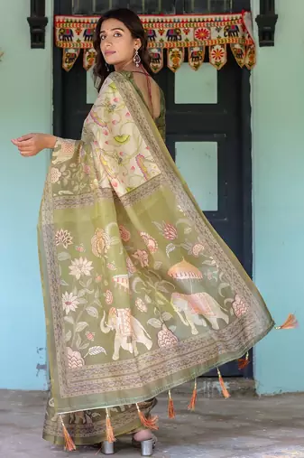 Cotton handloom saree with digital floral print and tassels     festive wear