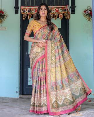 Ethnic handloom cotton saree with colorful floral print and matching blouse 1