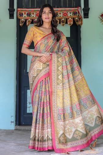 Ethnic handloom cotton saree with colorful floral print and matching blouse