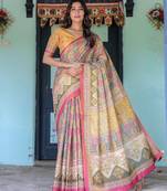 Ethnic handloom cotton saree with colorful floral print and matching blouse