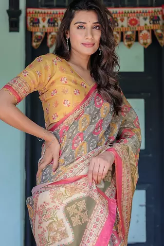 Ethnic handloom cotton saree with colorful floral print and matching blouse