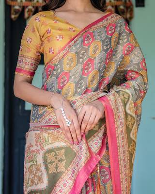 Ethnic handloom cotton saree with colorful floral print and matching blouse 3