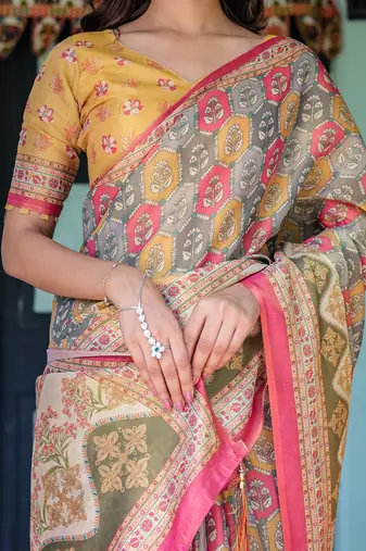 Ethnic handloom cotton saree with colorful floral print and matching blouse