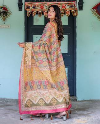 Ethnic handloom cotton saree with colorful floral print and matching blouse 4
