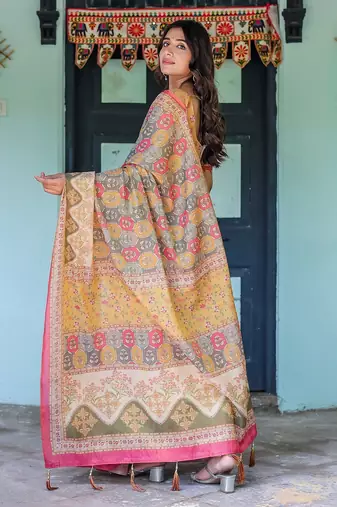 Ethnic handloom cotton saree with colorful floral print and matching blouse
