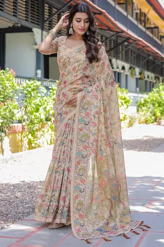 Cotton cotton blend handloom saree with floral motif and tassel border