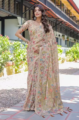 Cotton cotton blend handloom saree with floral motif and tassel border