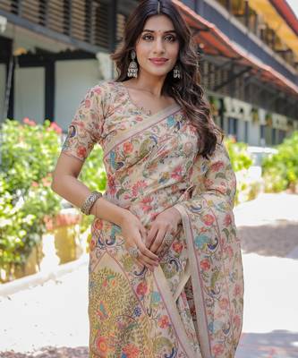 Cotton cotton blend handloom saree with floral motif and tassel border 3