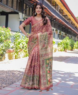 Women   s handloom cotton saree     floral printed with attached blouse & tassels 1
