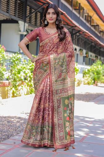 Women’s handloom cotton saree – floral printed with attached blouse & tassels