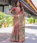 Women   s handloom cotton saree     floral printed with attached blouse & tassels
