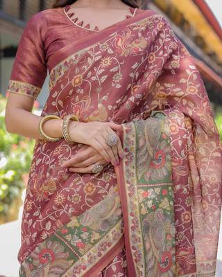 Women   s handloom cotton saree     floral printed with attached blouse & tassels 2