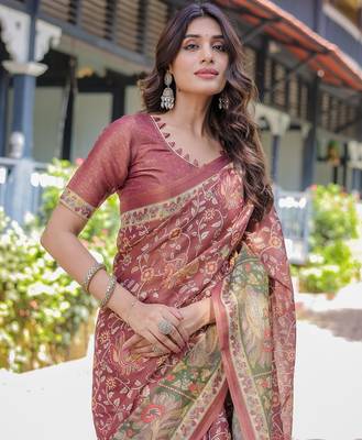 Women   s handloom cotton saree     floral printed with attached blouse & tassels 3