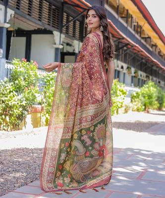 Women   s handloom cotton saree     floral printed with attached blouse & tassels 4