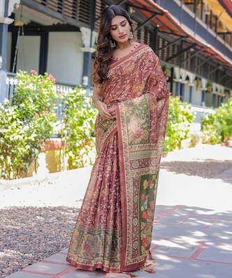 Women   s handloom cotton saree     floral printed with attached blouse & tassels 5